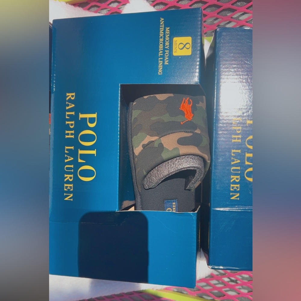 Polo by Ralph Lauren Men's Camouflage Slides with Orange Logo